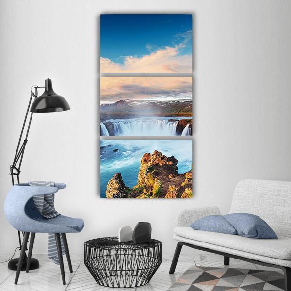 Godafoss Waterfall At Sunset Vertical Canvas Wall Art-3 Vertical-Gallery Wrap-12" x 25"-Tiaracle