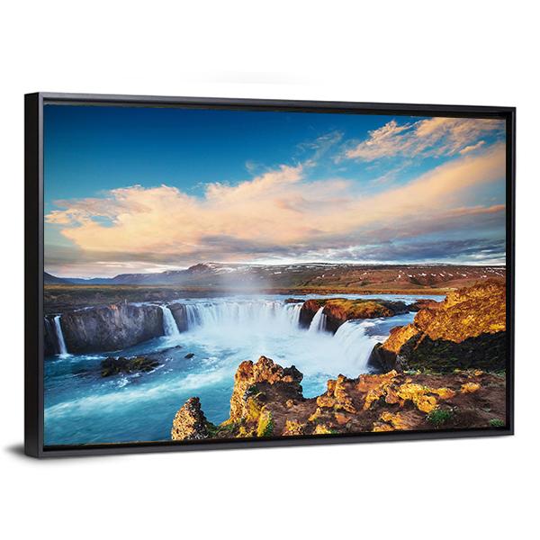 Godafoss Waterfall At Sunset Vertical Canvas Wall Art-3 Vertical-Gallery Wrap-12" x 25"-Tiaracle