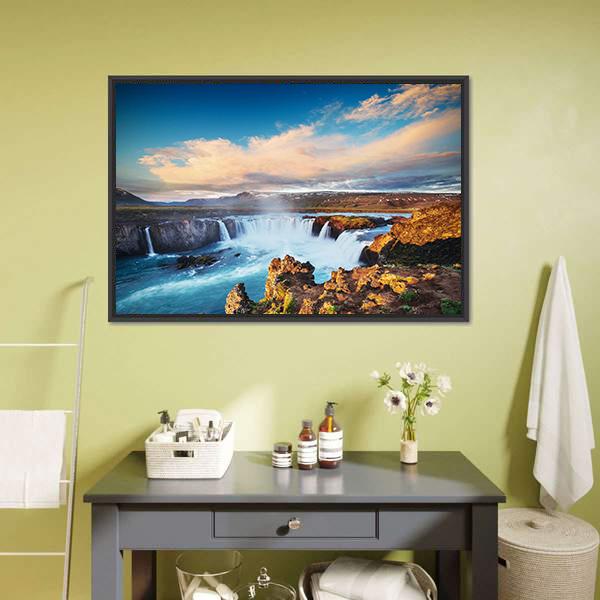 Godafoss Waterfall At Sunset Vertical Canvas Wall Art-3 Vertical-Gallery Wrap-12" x 25"-Tiaracle