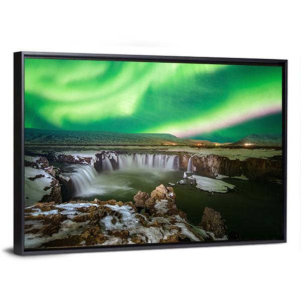 Godafoss Waterfall & Aurora Canvas Wall Art-3 Horizontal-Gallery Wrap-25" x 16"-Tiaracle