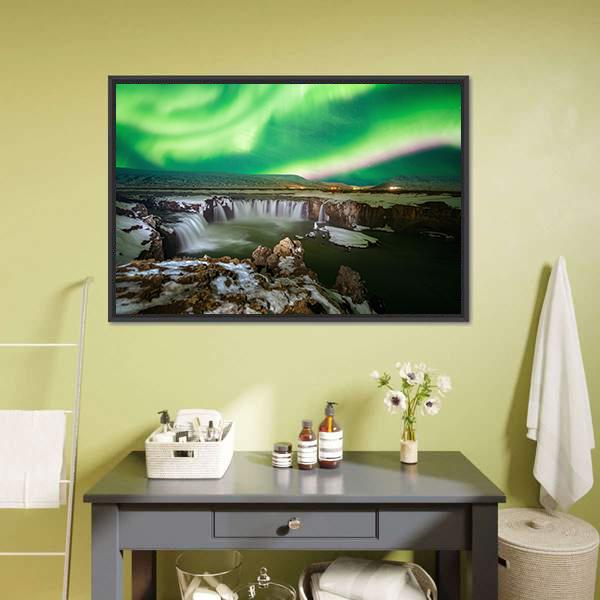 Godafoss Waterfall and Aurora Canvas Wall Art in black, white and green, framed canvas, product view on a white background