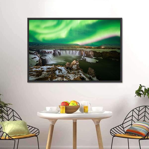 Godafoss Waterfall & Aurora Canvas Wall Art-3 Horizontal-Gallery Wrap-25" x 16"-Tiaracle