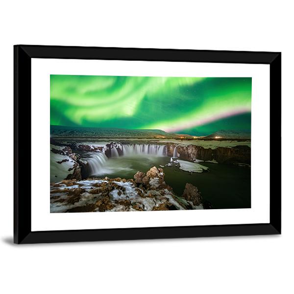 Godafoss Waterfall & Aurora Canvas Wall Art-3 Horizontal-Gallery Wrap-25" x 16"-Tiaracle