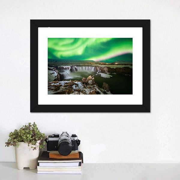 Godafoss Waterfall and Aurora Canvas Wall Art in black, white and green, 4 panel Pop layout hung on a wall
