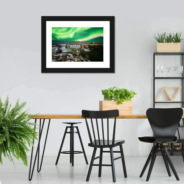 Godafoss Waterfall & Aurora Canvas Wall Art-3 Horizontal-Gallery Wrap-25" x 16"-Tiaracle
