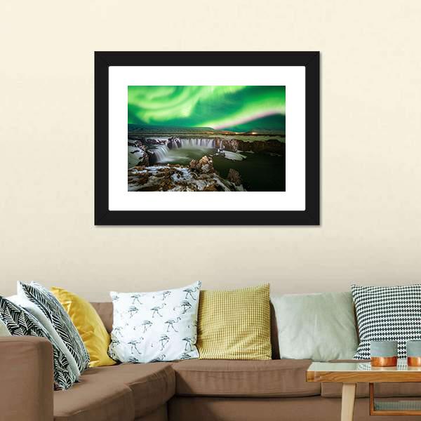 Godafoss Waterfall & Aurora Canvas Wall Art-3 Horizontal-Gallery Wrap-25" x 16"-Tiaracle
