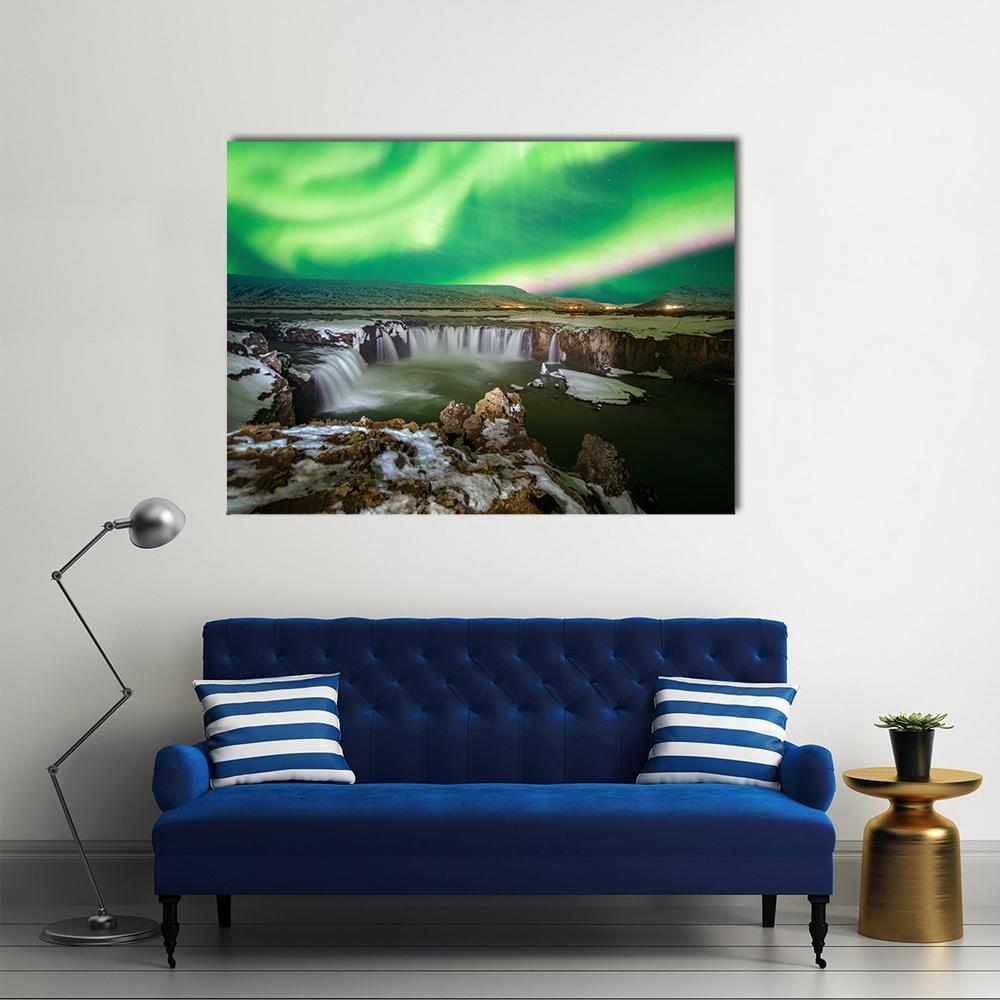 Godafoss Waterfall and Aurora Canvas Wall Art in black, white and green, single panel hung on a wall