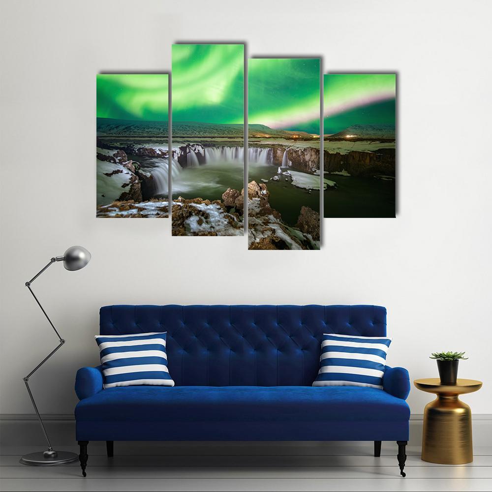 Godafoss Waterfall &amp; Aurora Canvas Wall Art-4 Pop-Gallery Wrap-50" x 32"-Tiaracle