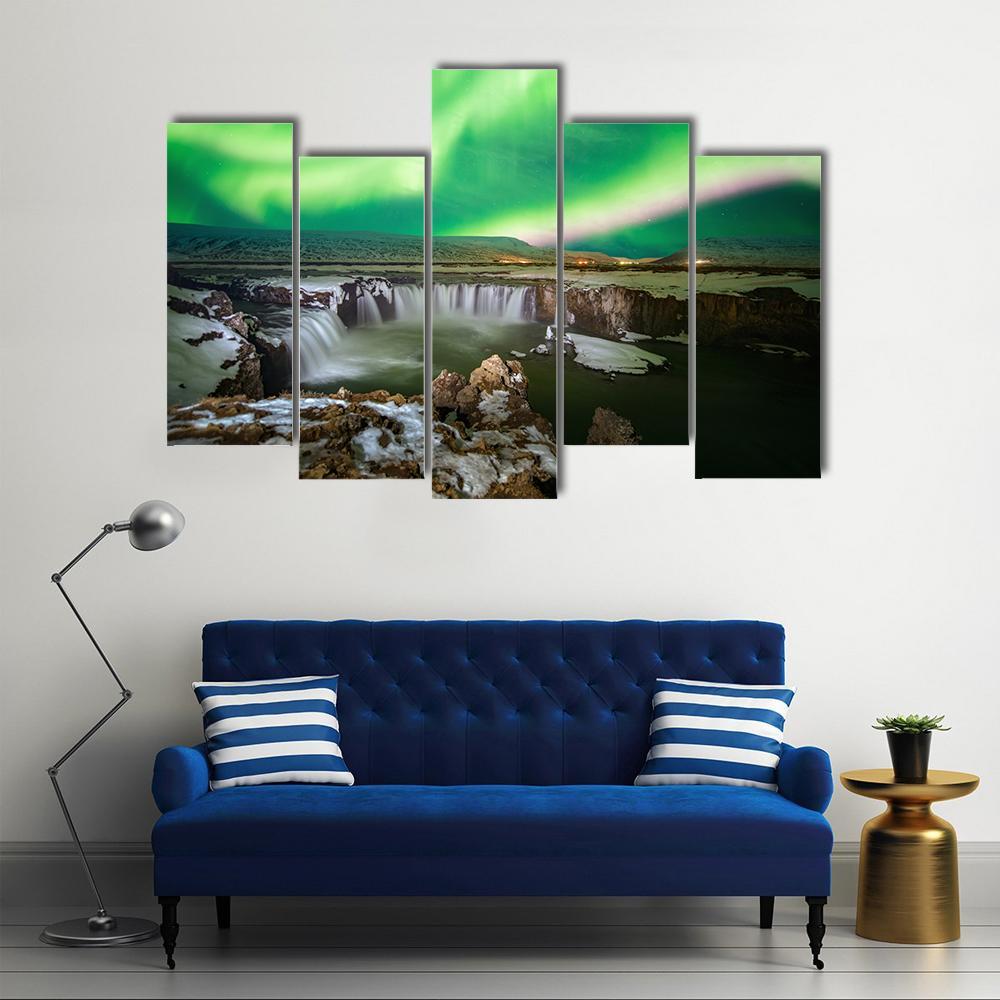 Godafoss Waterfall and Aurora Canvas Wall Art in black, white and green, 4 panel Pop layout hung on a wall
