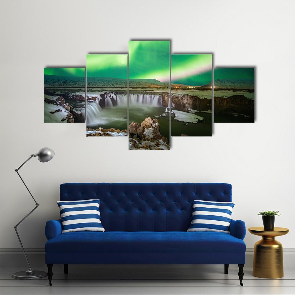 Godafoss Waterfall and Aurora Canvas Wall Art in black, white and green, 4 panel Pop layout hung on a wall