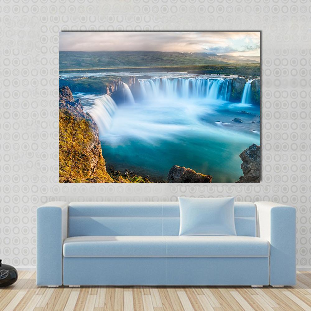 Godafoss Waterfall Iceland Canvas Wall Art in white, green and blue, single panel hung on a wall