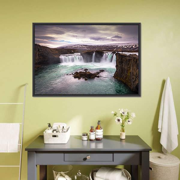 Godafoss Waterfall In Iceland Canvas Wall Art-1 Piece-Floating Frame-24" x 16"-Tiaracle