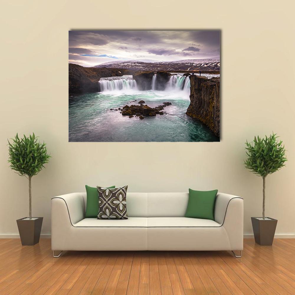 Godafoss Waterfall in Iceland Canvas Wall Art in white, gray and blue, single panel hung on a wall