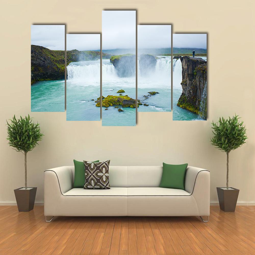 Godafoss Waterfall In Northern Iceland Canvas Wall Art-5 Pop-Gallery Wrap-47" x 32"-Tiaracle
