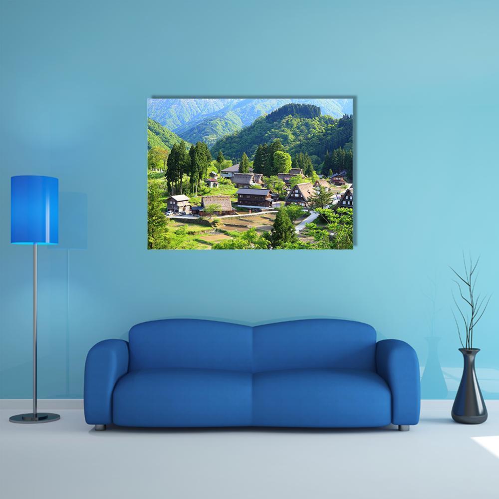 Gokayama Village, Toyama Japan Canvas Wall Art in brown, green and blue, single panel hung on a wall