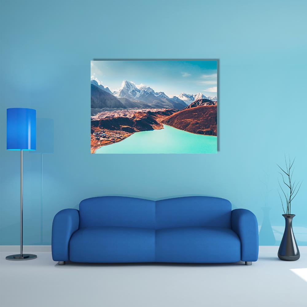 Gokyo Lake Landscape Canvas Wall Art in white, brown and blue, single panel hung on a wall