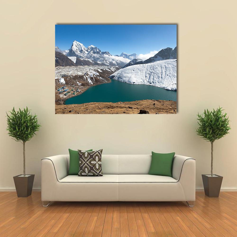 Gokyo Lake Turquoise Glacier View Canvas Wall Art in white, brown and blue, single panel hung on a wall