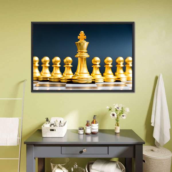 Gold Chess Pieces Canvas Wall Art-1 Piece-Floating Frame-24" x 16"-Tiaracle