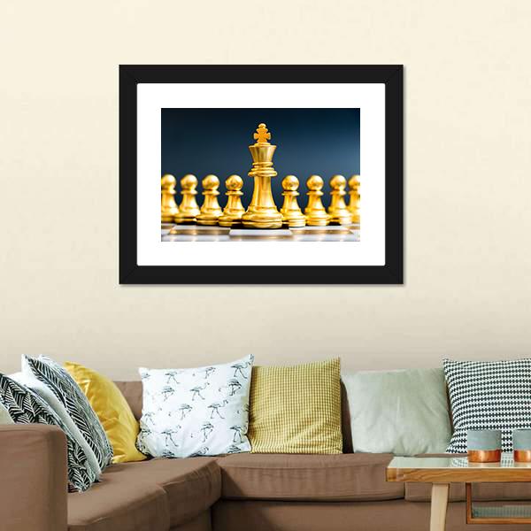 Gold Chess Pieces Canvas Wall Art-5 Horizontal-Gallery Wrap-22" x 12"-Tiaracle