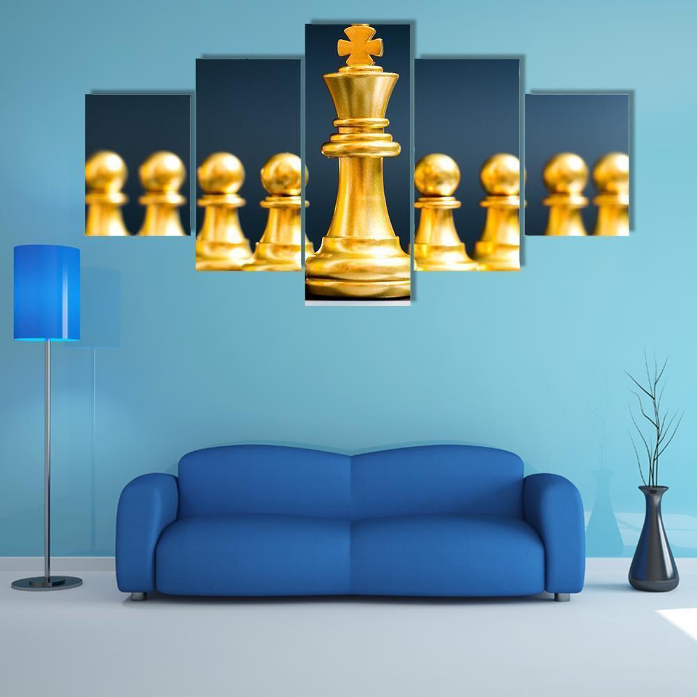 Gold Chess Pieces Canvas Wall Art-5 Star-Gallery Wrap-62" x 32"-Tiaracle