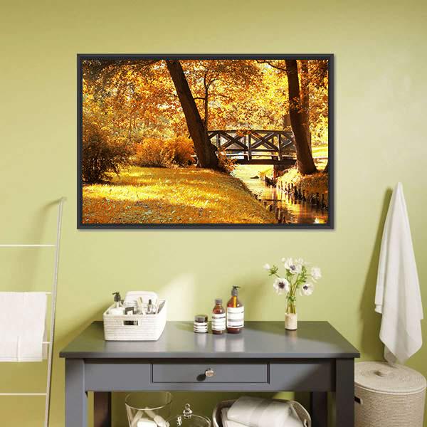 Gold Fall In Park Canvas Wall Art-1 Piece-Floating Frame-24" x 16"-Tiaracle