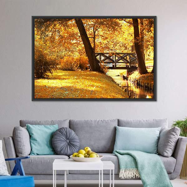 Gold Fall In Park Canvas Wall Art-3 Horizontal-Gallery Wrap-25" x 16"-Tiaracle