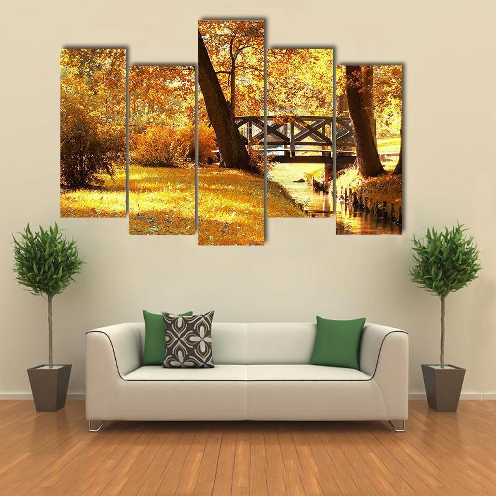 Gold Fall In Park Canvas Wall Art-5 Pop-Gallery Wrap-47" x 32"-Tiaracle