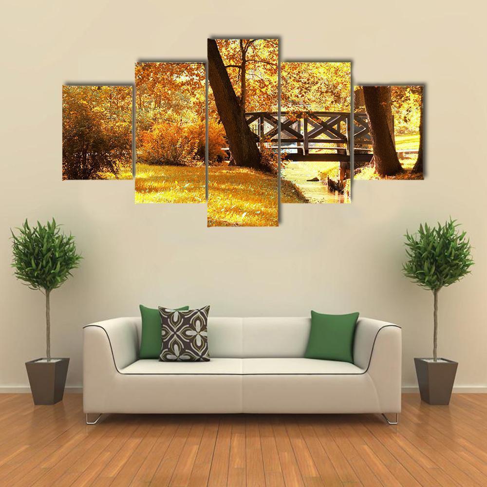 Gold Fall In Park Canvas Wall Art-5 Star-Gallery Wrap-62" x 32"-Tiaracle