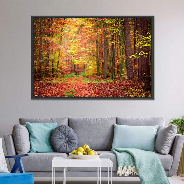 Gold & Green Path In Forest Canvas Wall Art-3 Horizontal-Gallery Wrap-25" x 16"-Tiaracle