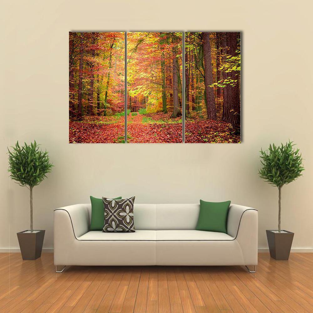 Gold &amp; Green Path In Forest Canvas Wall Art-3 Horizontal-Gallery Wrap-37" x 24"-Tiaracle
