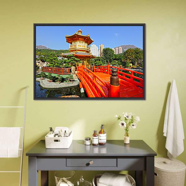 Gold Pavilion In Chinese Garden Canvas Wall Art-1 Piece-Floating Frame-36" x 24"-Tiaracle