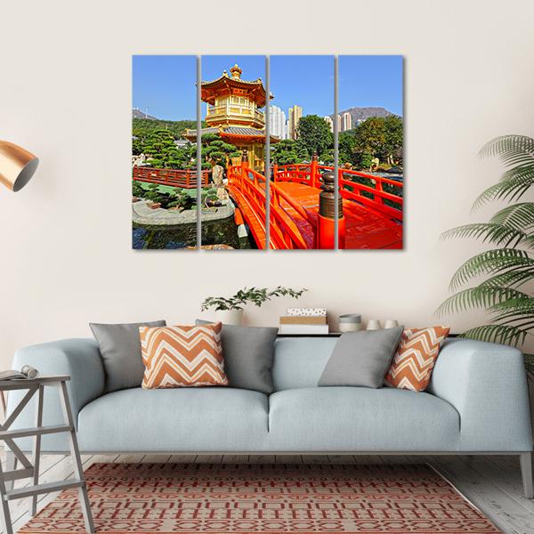 Gold Pavilion In Chinese Garden Canvas Wall Art-4 Horizontal-Gallery Wrap-34" x 24"-Tiaracle