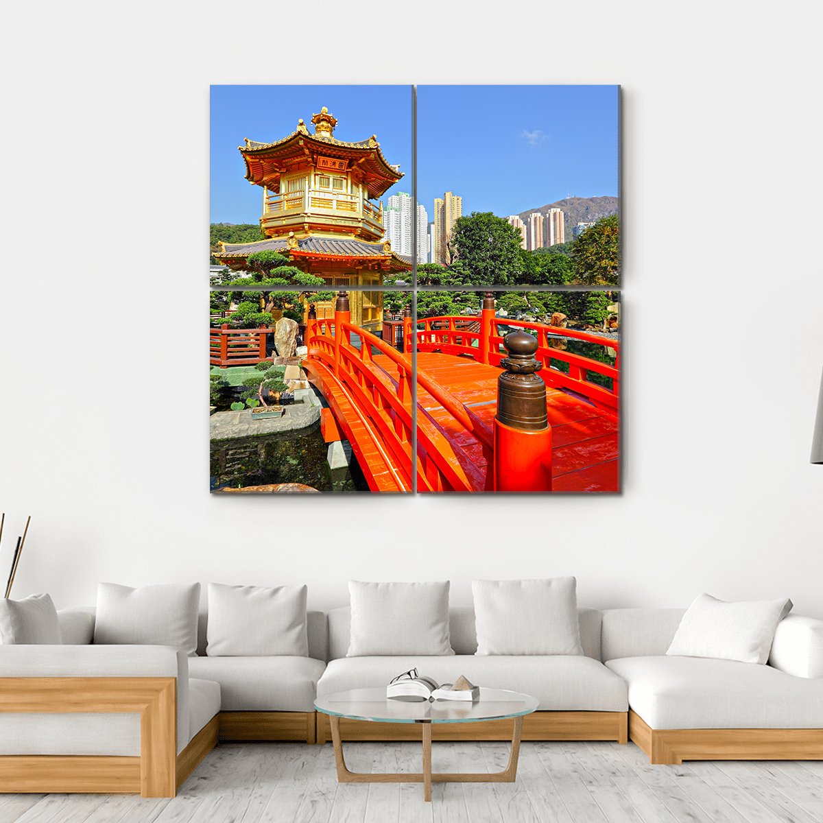 Gold Pavilion In Chinese Garden Canvas Wall Art-4 Square-Gallery Wrap-17" x 17"-Tiaracle