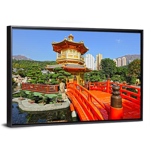 Gold Pavilion In Chinese Garden Canvas Wall Art-3 Horizontal-Gallery Wrap-25" x 16"-Tiaracle