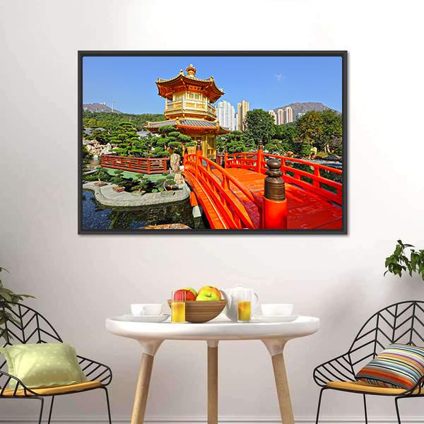 Gold Pavilion In Chinese Garden Canvas Wall Art-3 Horizontal-Gallery Wrap-25" x 16"-Tiaracle