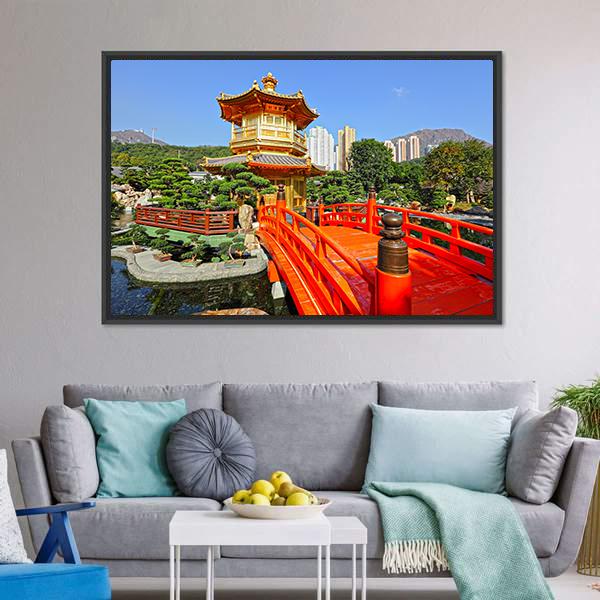 Gold Pavilion In Chinese Garden Canvas Wall Art-3 Horizontal-Gallery Wrap-25" x 16"-Tiaracle
