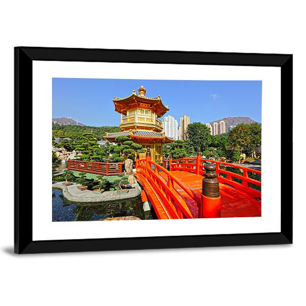 Gold Pavilion In Chinese Garden Canvas Wall Art-3 Horizontal-Gallery Wrap-25" x 16"-Tiaracle
