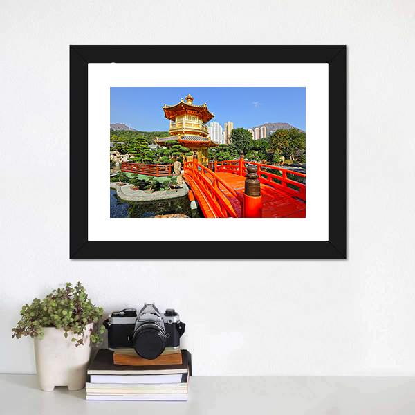 Gold Pavilion In Chinese Garden Canvas Wall Art-1 Piece-Framed Print-20" x 16"-Tiaracle