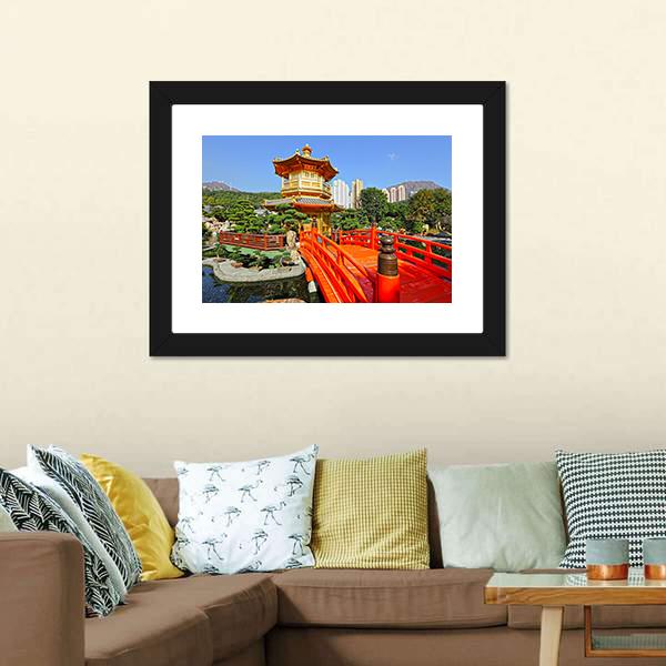 Gold Pavilion In Chinese Garden Canvas Wall Art-3 Horizontal-Gallery Wrap-25" x 16"-Tiaracle