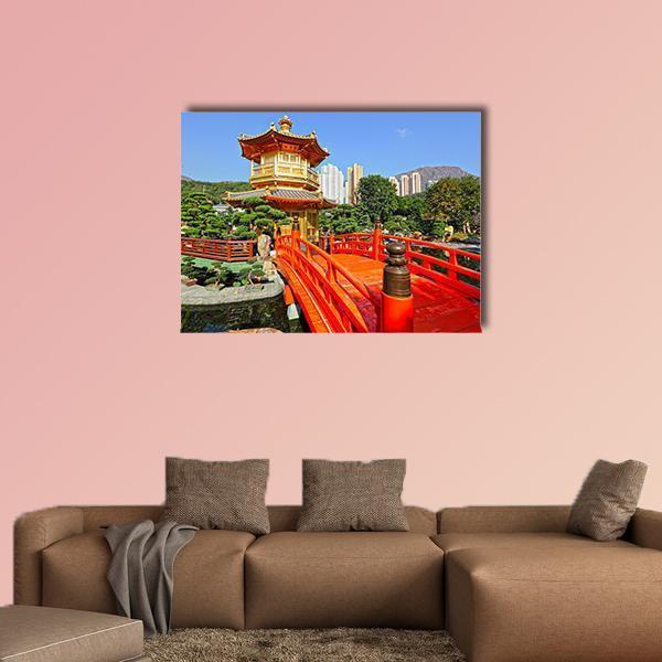 Gold Pavilion in Chinese Garden Canvas Wall Art in gold, red and blue, single panel hung on a wall