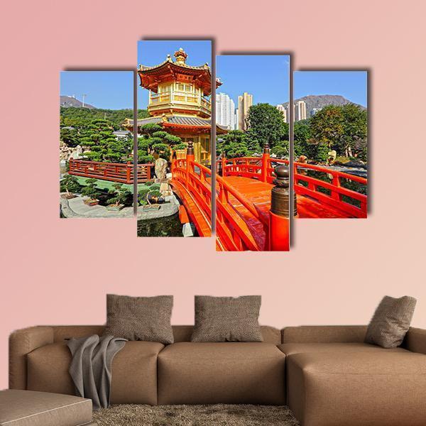 Gold Pavilion In Chinese Garden Canvas Wall Art-4 Pop-Gallery Wrap-50" x 32"-Tiaracle