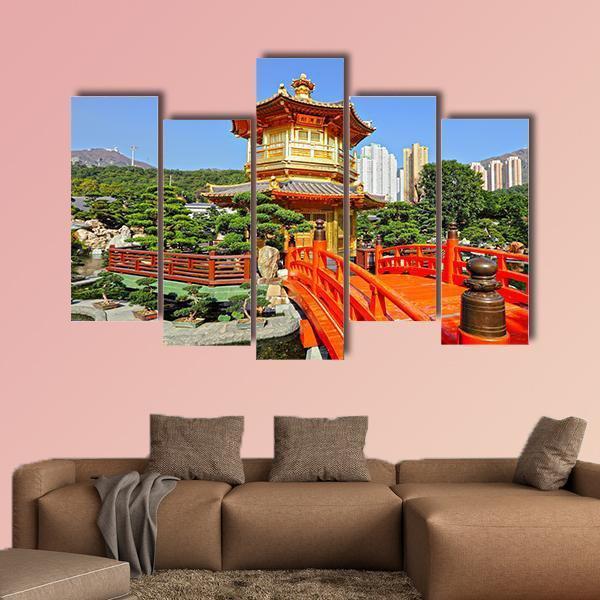 Gold Pavilion In Chinese Garden Canvas Wall Art-5 Pop-Gallery Wrap-47" x 32"-Tiaracle