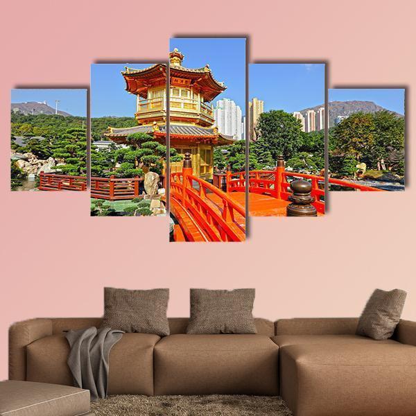 Gold Pavilion In Chinese Garden Canvas Wall Art-5 Star-Gallery Wrap-62" x 32"-Tiaracle