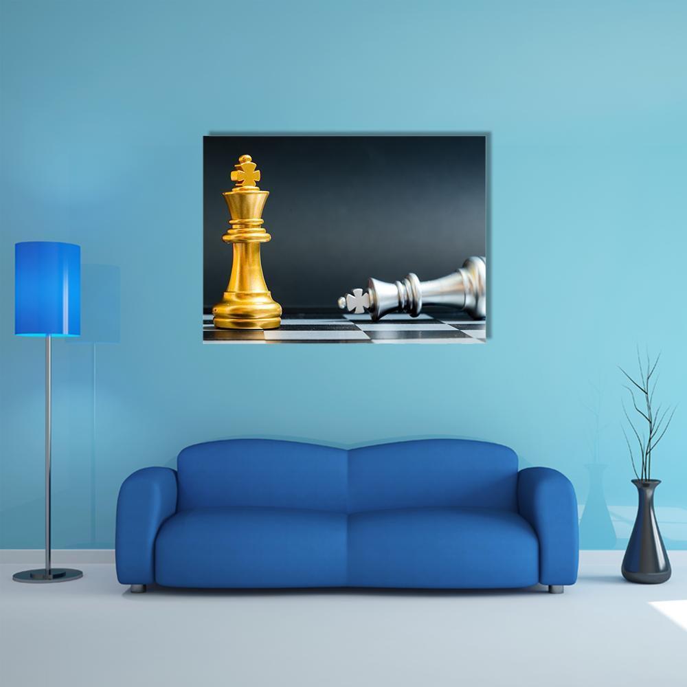 Gold King Beside Fallen Silver King Canvas Wall Art in black, gold and silver, single panel hung on a wall