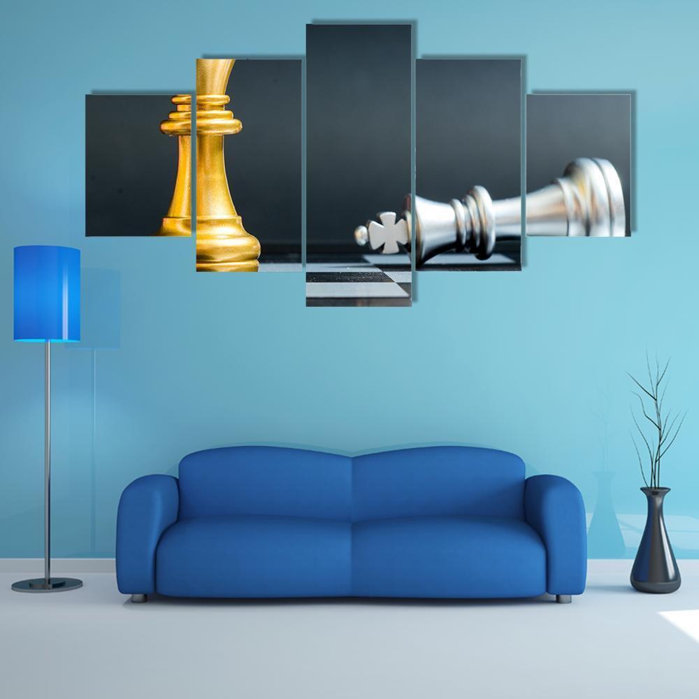 Gold &amp; Silver Chess Piece Canvas Wall Art-5 Star-Gallery Wrap-62" x 32"-Tiaracle