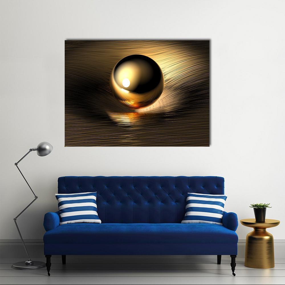 Reflective Gold Sphere Canvas Wall Art in black and gold, single panel hung on a wall