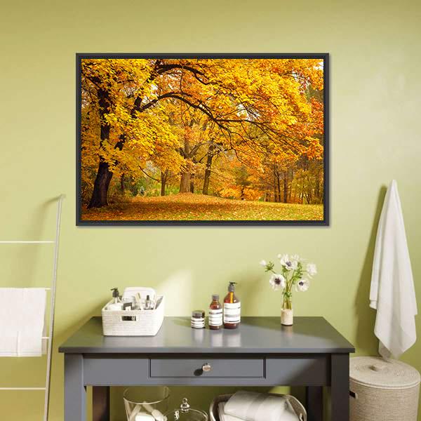 Gold Trees In Park Canvas Wall Art-1 Piece-Floating Frame-24" x 16"-Tiaracle