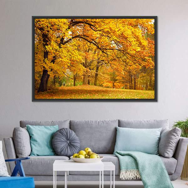 Gold Trees In Park Canvas Wall Art-3 Horizontal-Gallery Wrap-25" x 16"-Tiaracle