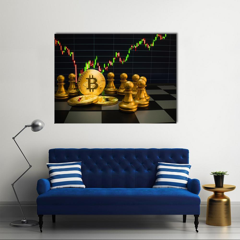 Golden Bitcoin And Chess Board Canvas Wall Art-1 Piece-Gallery Wrap-36" x 24"-Tiaracle