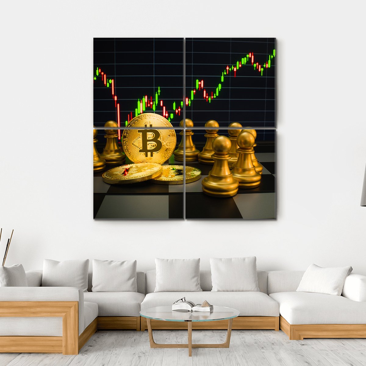 Golden Bitcoin and Chessboard Canvas Wall Art in black, gold and green, single panel hung on a wall